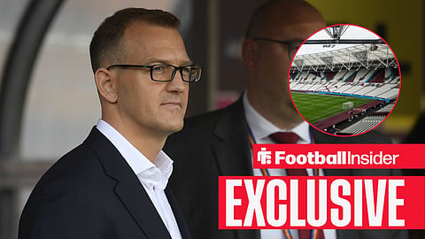 Football Insider exclusive as West Ham investor Daniel Kretinsky stares towards the London Stadium, which features in a circular inset.