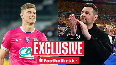 Football Insider exclusive as Toulouse defender Charlie Cresswell looks across a split image towards Crystal Palace manager Pierre Sage.