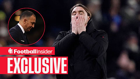 Football Insider exclusive as Leeds manager Daniel Farke has his head in his hands, while chairman Paraag Marathe stares at the floor in a circular inset.