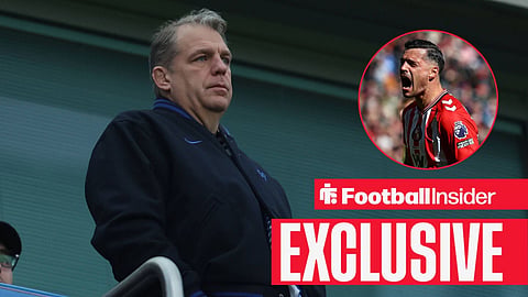 Football Insider exclusive as Chelsea owner Todd Boehly stares towards failed transfer target Granit Xhaka, who is in action in a circular inset.