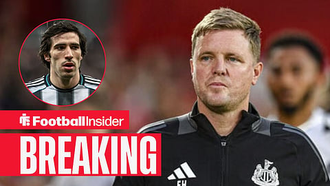 Eddie Howe looking focused on the sidelines, with Sandro Tonali in a circular inset