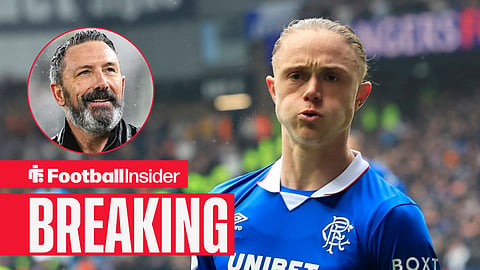 Thelo Aasgaard celebrating a goal for Rangers, with Derek McInnes in a circular inset