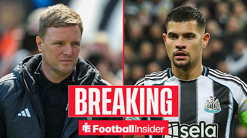 Eddie Howe looking stern on the sidelines, with Bruno Guimaraes in action for Newcastle
