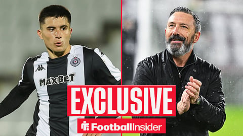 Football Insider exclusive as Vanja Dragojevic is in action for Partizan Belgrade, while Rangers manager Derek McInnes applauds on the other side of a split image.