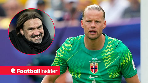 Orjan Nyland in action for Norway, with Daniel Farke in a circular inset