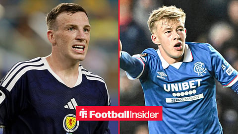Lewis Ferguson in Scotland home kit on left and Connor Barron pointing in Rangers homr kit on right