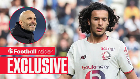 Ayyoub Bouaddi in action for Lille looking at Enzo Maresca left inset
