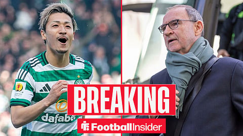 Daizen Maeda celebrating a goal for Celtic, with Martin O'Neill pictured pre-match