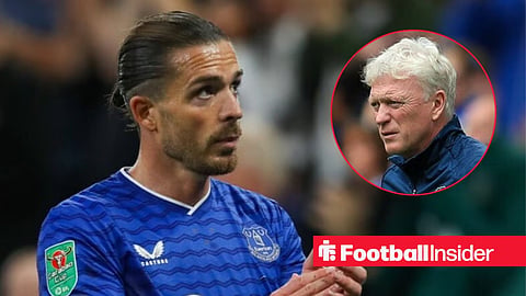Jack Grealish applauding after a game for Everton, with David Moyes in a circular inset