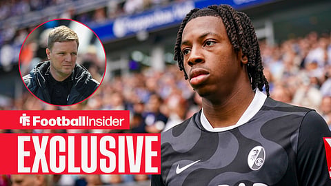Football Insider exclusive as Johan Manzambi stares towards Newcastle manager Eddie Howe, who watches from a circular inset.