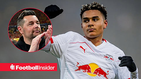 Antonio Nusa celebrates a goal for RB Leipzig, with Pierre Sage in a circular inset