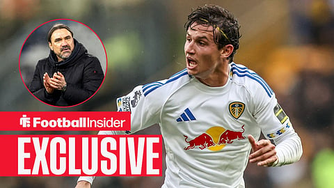 Football Insider exclusive as Brenden Aaronson is in action for Leeds, while manager Daniel Farke watches from a circular inset.