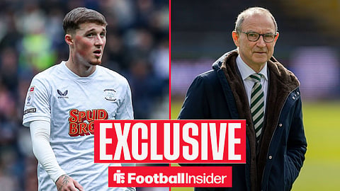 Football Insider exclusive as Alfie Devine stares across a split image towards Celtic manager Martin O'Neill