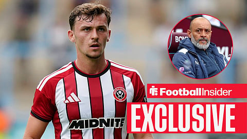Football Insider exclusive as Sheffield United defender Harrison Burrows stares towards West Ham manager Nuno Espirito Santo, who watches from a circular inset.
