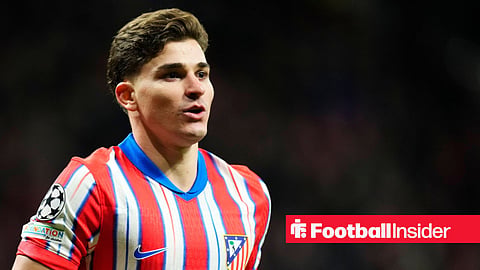 Julian Alvarez playing for Atletico Madrid in red and white home kit
