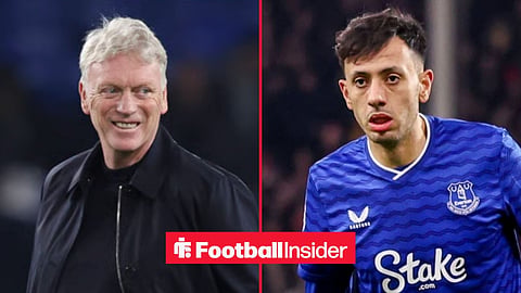 David Moyes smiling on the sidelines, with Dwight McNeil in action for Everton