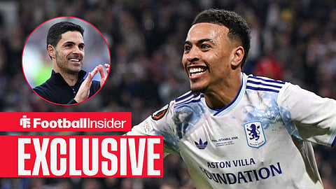 Morgan Rogers celebrating goal while smiling with Mikel Arteta smiling and clapping fans left inset