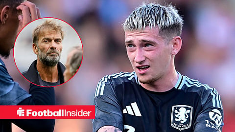 Louie Barry annoyed with teammate and Jurgen Klopp looking above camera left inset