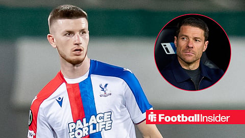Adam Wharton in action scanning with Xabi Alonso sat on bench looking at him right inset