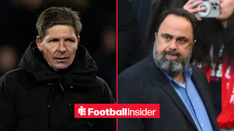 Oliver Glasner on the sidelines at Crystal Palace, with Evangelos Marinakis at Nottingham Forest