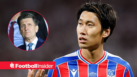 Daichi Kamada in action with right hand up and Steve Parish in stands left inset