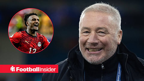Ally McCoist smiling with Haissem Hassan celebrating in Egypt kit in 2026 World Cup in circle