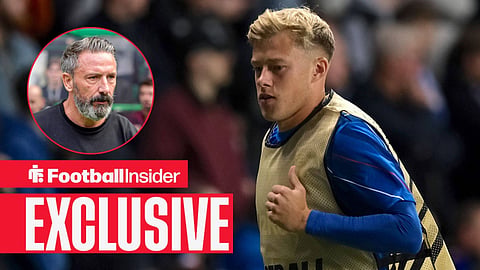 Football Insider exclusive as Rangers midfielder Connor Barron warms up, while manager Derek McInnes watches from a circular inset.