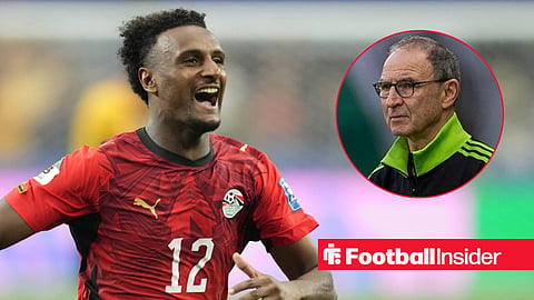 Haissem Hassan celebrating running right with Martin O'Neill stood on sideline right inset