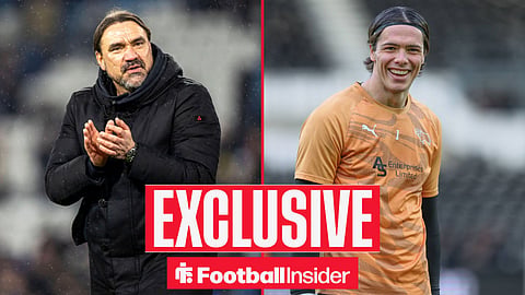 Football Insider exclusive as Leeds manager Daniel Farke applauds, while Derby goalkeeper Jacob Zetterstrom smiles on the other side of a split image.