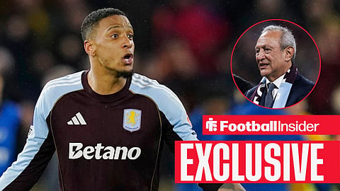 Football Insider exclusive as Aston Villa defender Ezri Konsa stares towards owner Nassef Sawiris, who watches from a circular inset.