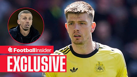 Football Insider exclusive as Newcastle goalkeeper Nick Pope stares towards Ipswich manager Gary O'Neil, who watches from a circular inset.