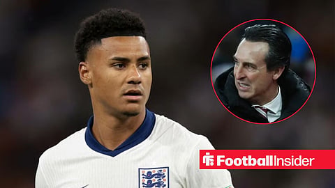 Ollie Watkins in action for England, with Unai Emery in a circular inset
