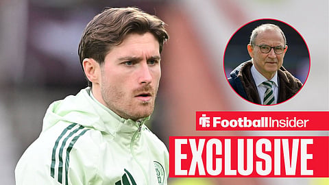 Football Insider exclusive as Celtic defender Anthony Ralston stares towards manager Martin O'Neill, who watches from a circular inset.