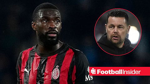 Fikayo Tomori in action for AC Milan, with Pierre Sage in a circular inset