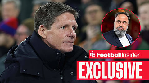 Football Insider exclusive as Nottingham Forest manager Oliver Glasner stares towards owner Evangelos Marinakis, who watches from a circular inset.