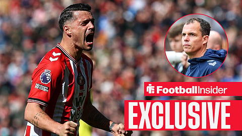Football Insider exclusive as Sunderland midfielder Granit Xhaka punches the air after a game, while manager Regis Le Bris watches from a circular inset.
