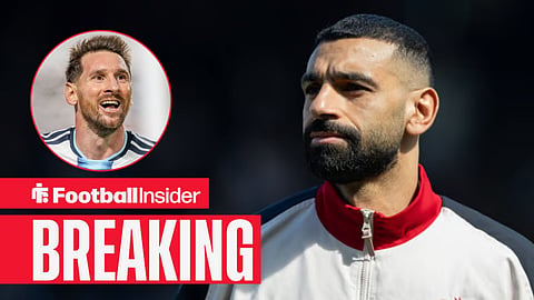 Mohamed Salah pre-match for Liverpool, with Lionel Messi in a circular inset