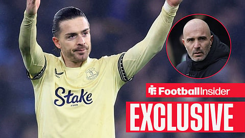 Jack Grealish appreciating fans with arms up and Enzo Maresca looking confused on sideline right inset