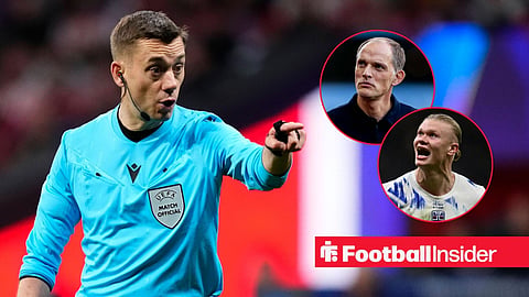 Referee Clement Turpin during the UEFA Champions League 2025/26 Quarter-Final Second Leg match between Atletico Madrid and FC Barcelona at Estadio Riyadh Air Metropolitano on April 14, 2026 / England head coach Thomas Tuchel looks on from the sidelines / Erling Haaland NOR celebrates after scoring the goal of 1-3 during the FIFA 2026 World Cup Qualifying Round Matchday 10 between Italy and Norway at San Siro Stadium in Milan, Italy, on November 16, 2025