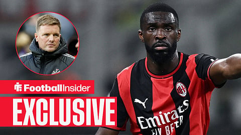 Eddie Howe left inset walking on sideline with Fikayo Tomori in action with left arm raised