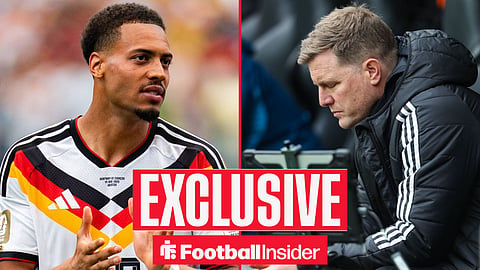 Felix Nmecha clapping fans left with Eddie Howe right looking annoyed sat on bench