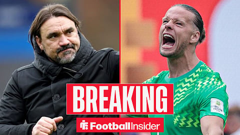 Daniel Farke looking focused on the sidelines at Leeds, with Orjan Nyland celebrating for Norway