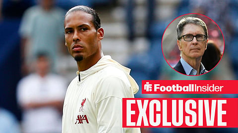 Football Insider exclusive as Liverpool defender Virgil Van Dijk stares towards owner John Henry, who watches from a circular inset.