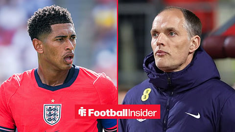 Jude Bellingham in action for England, with Thomas Tuchel looking focused on the sidelines