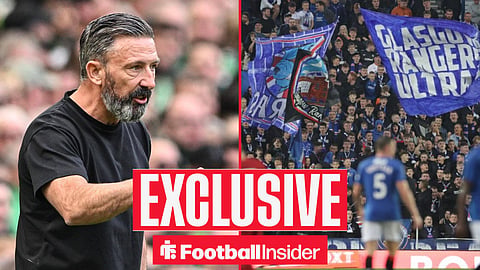 Football Insider exclusive as Rangers manager Derek McInnes stares across a split image towards the fans, who wave flags in the stands at Ibrox.