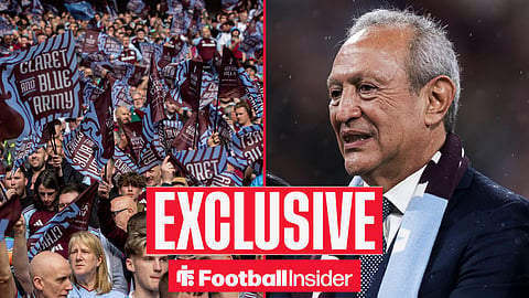 Football Insider exclusive as Aston Villa fans wave flags in the stands, while owner Nassef Sawiris watches from the other side of a split image.