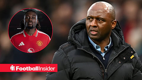 Patrick Vieira, Manager of Crystal Palace, looks on during the Premier League match between Manchester United and Crystal Palace at Old Trafford on February 04, 2023 / Roma star Manu Kone in Man United home kit at Old Trafford