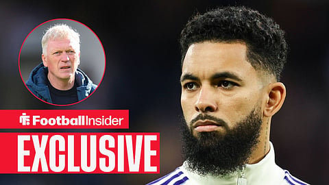 Football Insider exclusive as Douglas Luiz stares towards Everton manager David Moyes, who watches from a circular inset.