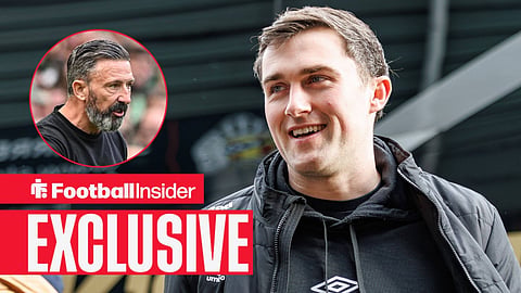Football Insider exclusive as Rangers defender John Souttar stares towards manager Derek McInnes, who watches from a circular inset.