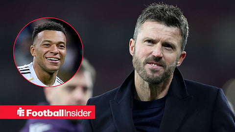 Michael Carrick smiling in celebration with fans and Kylian Mbappe left inset smiling